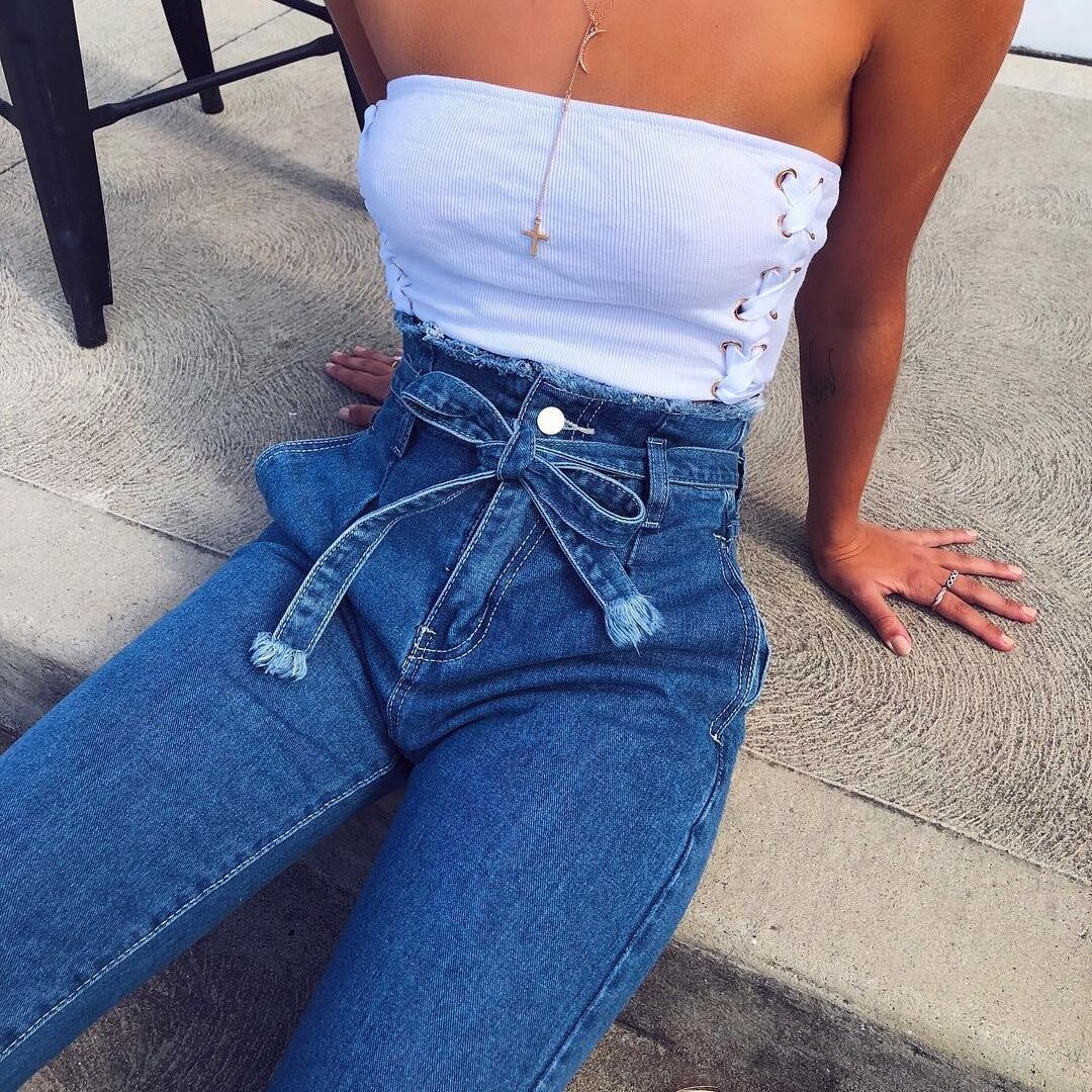 Pantalones Vaqueros de Talle Alto con Bordes Deshilachados