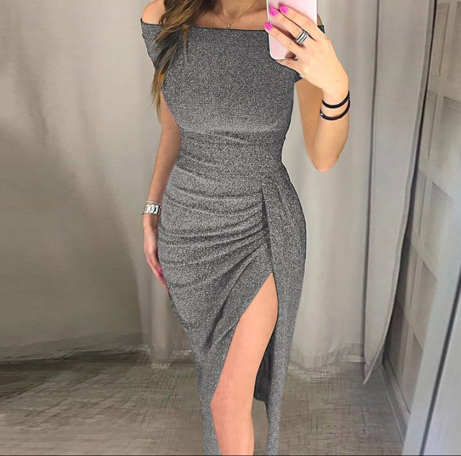 Vestido  corto de manga corta y hombros descubiertos brillante para chicas glam